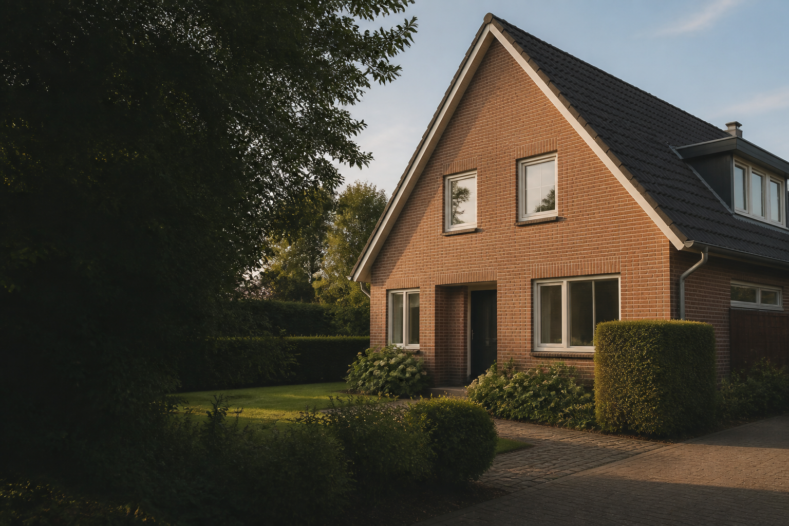 Backsteinhaus mit Garten als neutrales Symbolbild für Wohneigentum in Bocholt