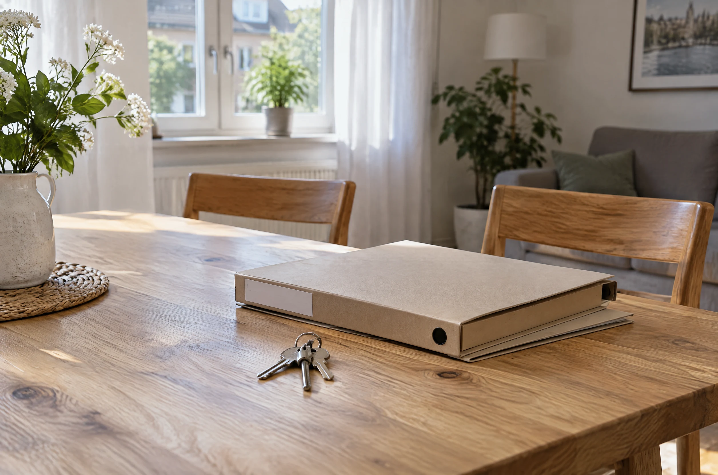 Dokumentenmappen und Hausschlüssel auf einem Tisch als Symbol für gemeinsame Immobilienentscheidungen
